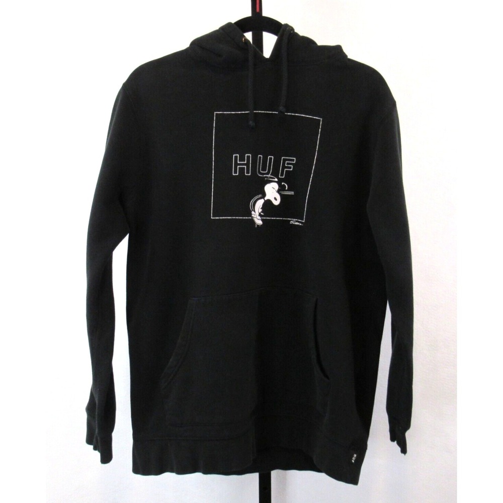 HUF Peanuts Snoopy Hoodie Sweatshirt Size Large Black Drawstring Skateboard VTG